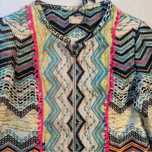 Molly Bracken Womens Blazer Jacket L Yellow Blue Chevron Print Metallic Zip NWT - Picture 2 of 10